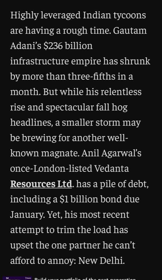 With Anil Ambani almost gone, Gautam Adani going, next to go will be Anil Agarwal. Reality is catching up with illusionary wealth! @mohanguruswamy