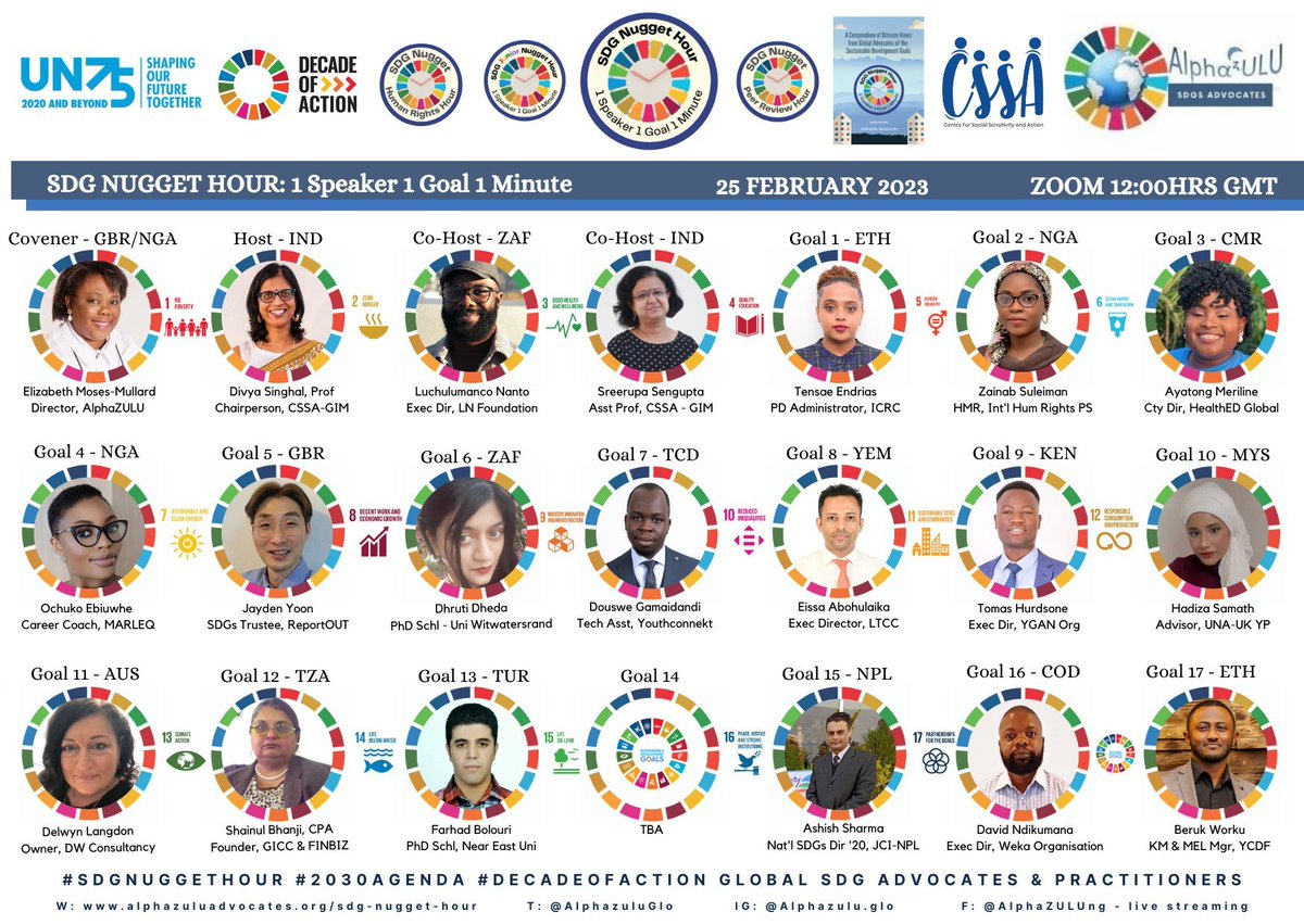 Thank you to  distinguished global SDG Advocates and Practitioners for joining us on the February 25th SDG Nugget Hour hosted by @AlphazuluGlo cohost @cssagim 
Thank you, @DEE_STRATEGIST 
#SDGNuggetHour #2030Agenda #GlobalGoals #SDGs @parulekar_ajit