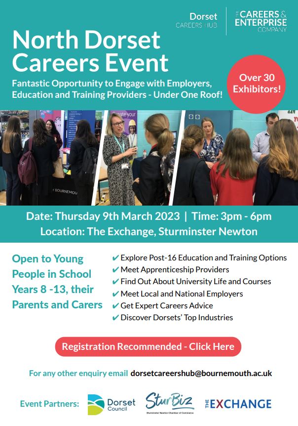 DorsetCEC's tweet photo. 📢North Dorset Careers Event for young people in years 8 -13 and their parents and carers

📅 Thursday 9 March, 3 - 6pm

🗺 The Exchange, Sturminster Newton

Registration is recommended using this link 👉 https://t.co/yhk2Nii9x8

We look forward to seeing you there! https://t.co/mQ6zGwOXzB
