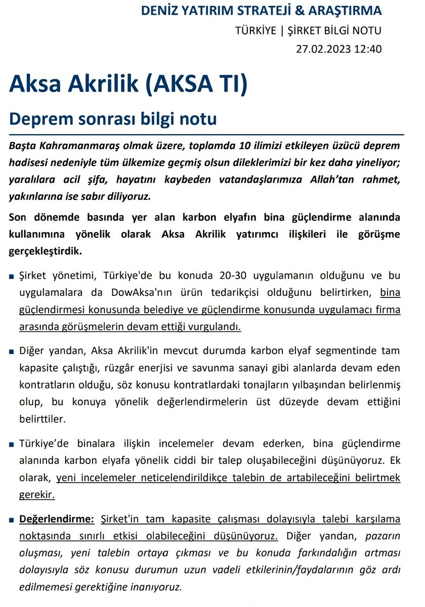 babacikparasi's tweet photo. #AKSA
Şirket yönetimi deprem sonrasında karbon elyafa yönelik ciddi bir talep artışının olacağını, #karbonelyaf uygulamasıyla binaları güçlendirme yönünde 20-30 uygulamanın olduğunu ve DownAksa'nın ürün tedarikçisi olduğunu belirtti. https://t.co/FJfK9ZTCDj