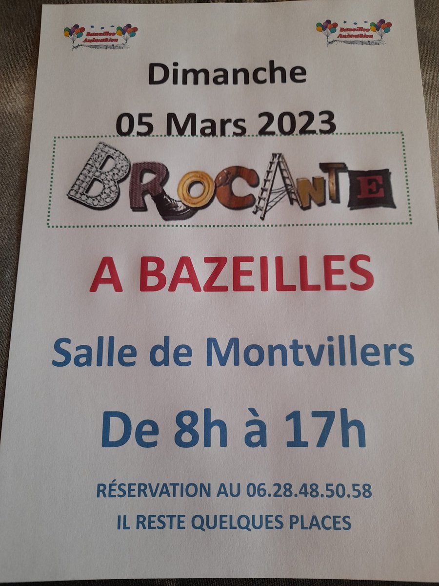 [#Agenda #Brocante] L'association Bazeilles animation organise sa traditionnelle brocante de printemps.
🗓 Dimanche 5 mars 2023
🕗8h-17h
📍Salles des sports et fêtes de Montvillers (Salles chauffées) Rue Fondue 08140 #Bazeilles
Entrée : 1 € (Gratuit pr &lt; 12 ans)
📱06 28 48 50 58
