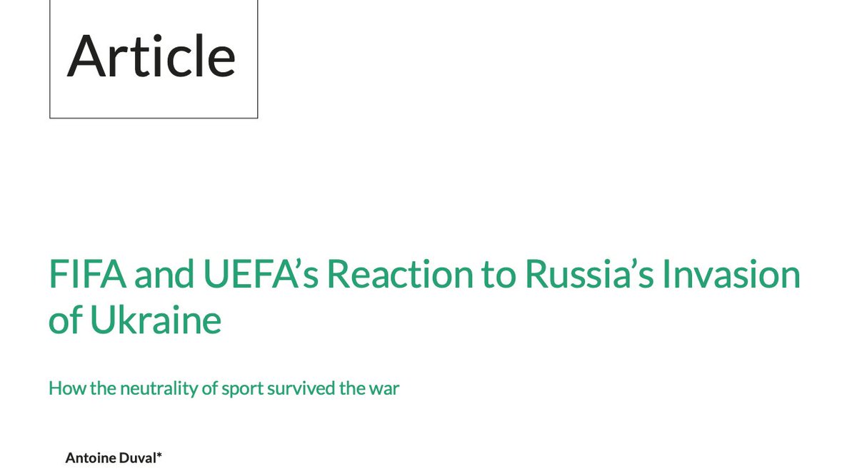 Ant1Duval's tweet photo. Are #FIFA &amp; #UEFA's decisions to remove Russian teams from international competitions a sign that the neutrality of sport is dead?

I review the decisions &amp; ensuing #CAS awards in a new OA article available at https://t.co/yzXVPHY9SX

#Sportslaw #IOC #Neutrality #UkraineRussiaWar https://t.co/SnwhzLI0Lg