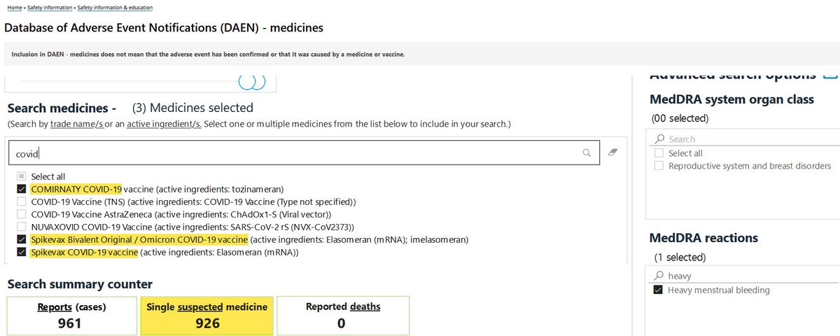 To 13 Feb 2023, TGA DAEN is reporting 926 cases of Heavy menstrual bleeding post mRNA COVID-19 vaccination i.e - Moderna and/or Pfizer (Medicine suspected).

#COVID19 
#covid19australia 
#Australia