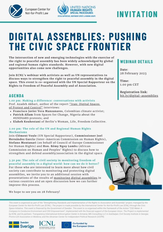 enablingNGOlaw's tweet photo. 📣 Webinar: join us tmrw at 13:00CET to discuss how we can safeguard #digitalassemblies.
Co-hosted w/ #UN SR @cvoule, we'll hear from activists from 🇨🇴 🇳🇬 🇩🇪, CSOs from 🇦🇲🇲🇰🇷🇸 and experts from @IACHumanRights @CommissionerHR @achpr_cadhp .
⏰Sign up: https://t.co/aeenDgqNqn https://t.co/wU9Kto2kLO