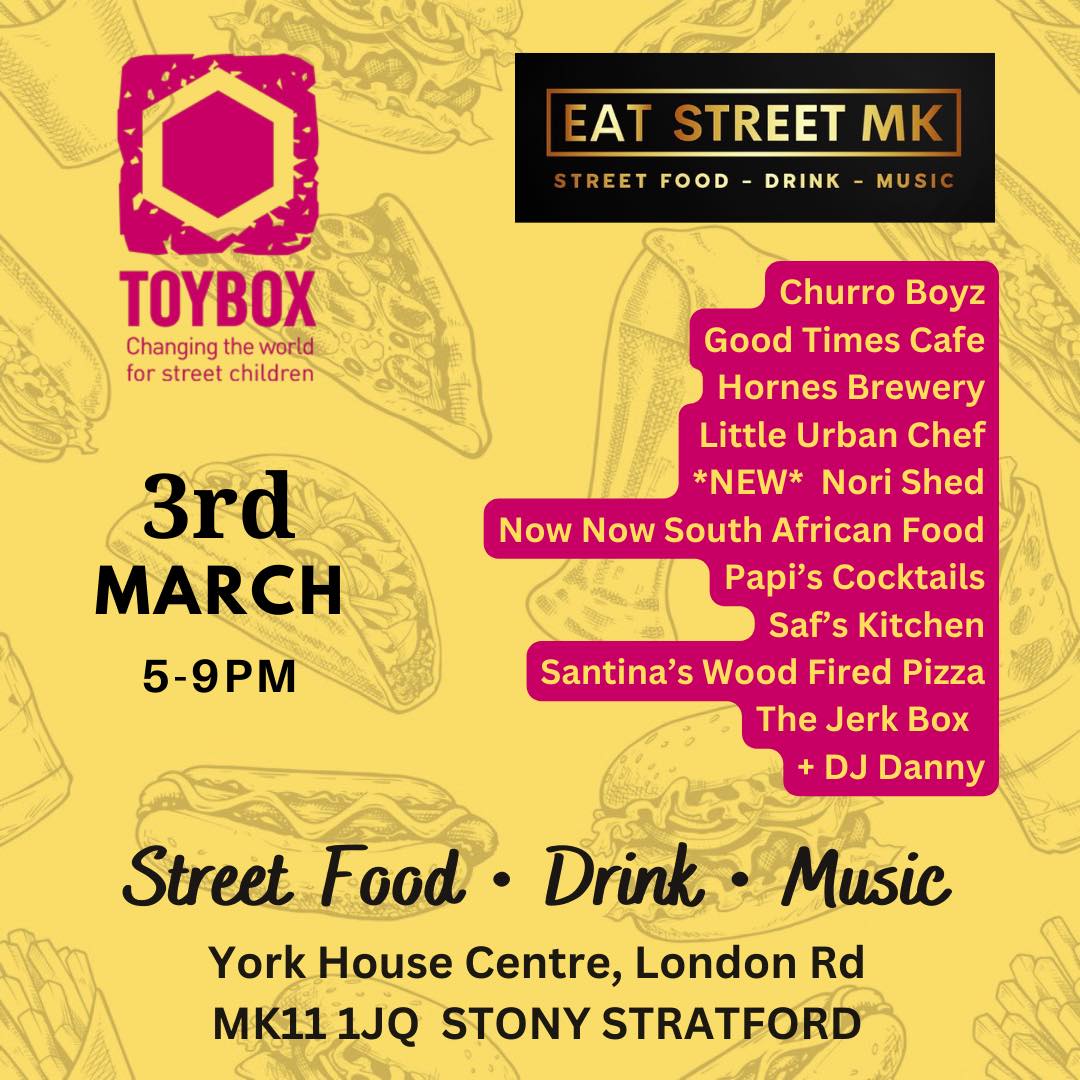 We are so grateful for Eat Street MK, a brilliant #StreetFood event in our home of #MiltonKeynes 💛

They are supporting #Toybox at their next events. If you're based in MK, make sure you head over this Friday 3rd March for a delicious evening!✨

#LoveMK