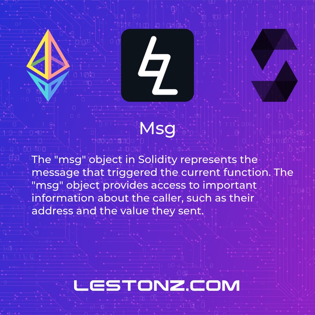 LestonzTECH's tweet image. Msg?

The &quot;msg&quot; object in Solidity represents the message that triggered the current function. The &quot;msg&quot; object provides access to important information about the caller, such as their address and the value they sent.

#makingBetter #lestonz #Blockchain #web3 #smartcontract