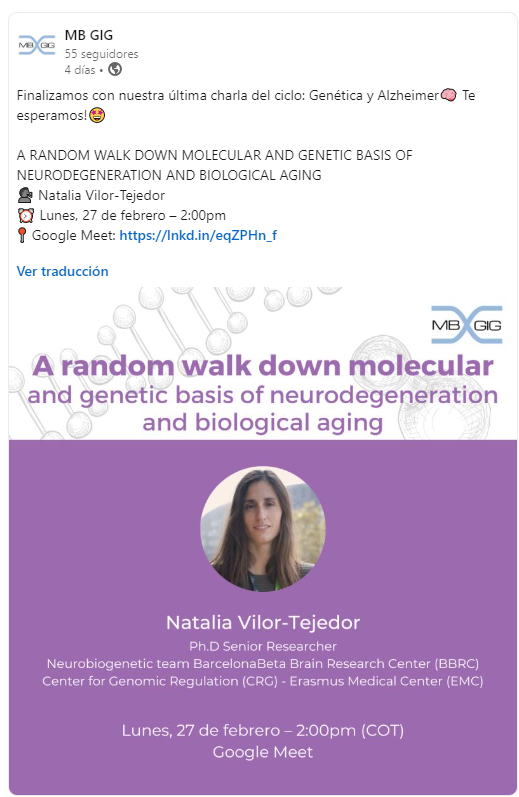 natvilortejedor's tweet photo. It is a pleasure to participate in this lecture series organized by the Molecular Biology and Genetics Group of the National University of Colombia @UNALOficial
Today, 2pm Bogotá (8pm Spain) 👇👇
#Neurogenetics
#AlzheimersDisease
#InternationalKnowledge https://t.co/6pVPFilaVe