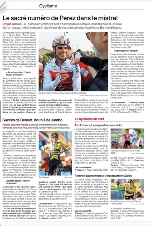 En <a href="/regionbretagne/">Région Bretagne</a> et dans <a href="/OuestFrance/">Ouest-France</a> le cyclisme régional ce dimanche avec PLAINTEL-PLAINTEL et la ROUTE BRETONNE prennent autant de place que les courses professionnelles et c'est ainsi toute l'année ! Poc !