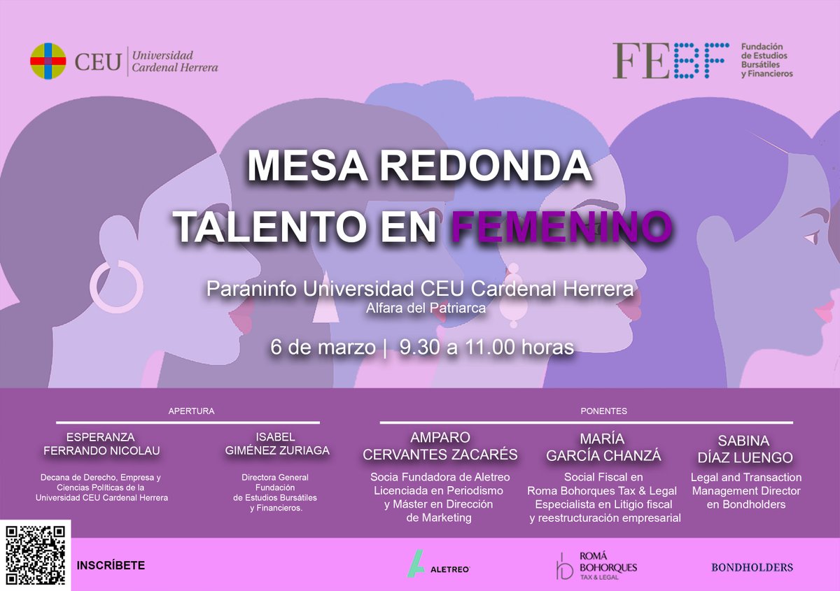 FEBF Valencia (@febfvalencia) on Twitter photo 👩💻 Inscríbete a la Mesa Redonda: "Talento en Femenino" con <a href="/uchceu/">Universidad CEU UCH</a> y <a href="/aletreo/">ALETREO</a> <a href="/Roma_Bohorques/">ROMÁ BOHORQUES</a> y Bondholders
📅6 marzo 🕕 09:30 h
📌 Inscripciones: bit.ly/3Yk5Cqd
📍 Presencial- Paraninfo Universidad CEU UCH- Alfara del Patriarca
#FEBF #Diadelamujer #talentoenfemenino 👩💻 Inscríbete a la Mesa Redonda: "Talento en Femenino" con <a href="/uchceu/">Universidad CEU UCH</a> y <a href="/aletreo/">ALETREO</a> <a href="/Roma_Bohorques/">ROMÁ BOHORQUES</a> y Bondholders
📅6 marzo 🕕 09:30 h
📌 Inscripciones: bit.ly/3Yk5Cqd
📍 Presencial- Paraninfo Universidad CEU UCH- Alfara del Patriarca
#FEBF #Diadelamujer #talentoenfemenino
