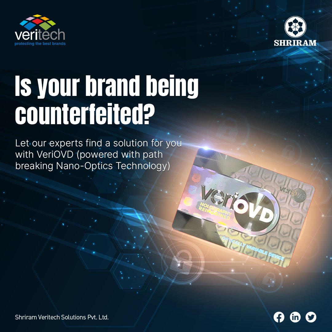 CanpacVeritech's tweet photo. Protect your brand with VeriOVD, the ultimate fail-proof anti-counterfeiting solution with ground-breaking Nano-Optics Technology.
"Say NO to counterfeits! Let's protect our economy and support genuine products. #StopCounterfeiting #ProtectGenuineProducts #SayNoToFakes #pharma https://t.co/0EvhEqbtdK