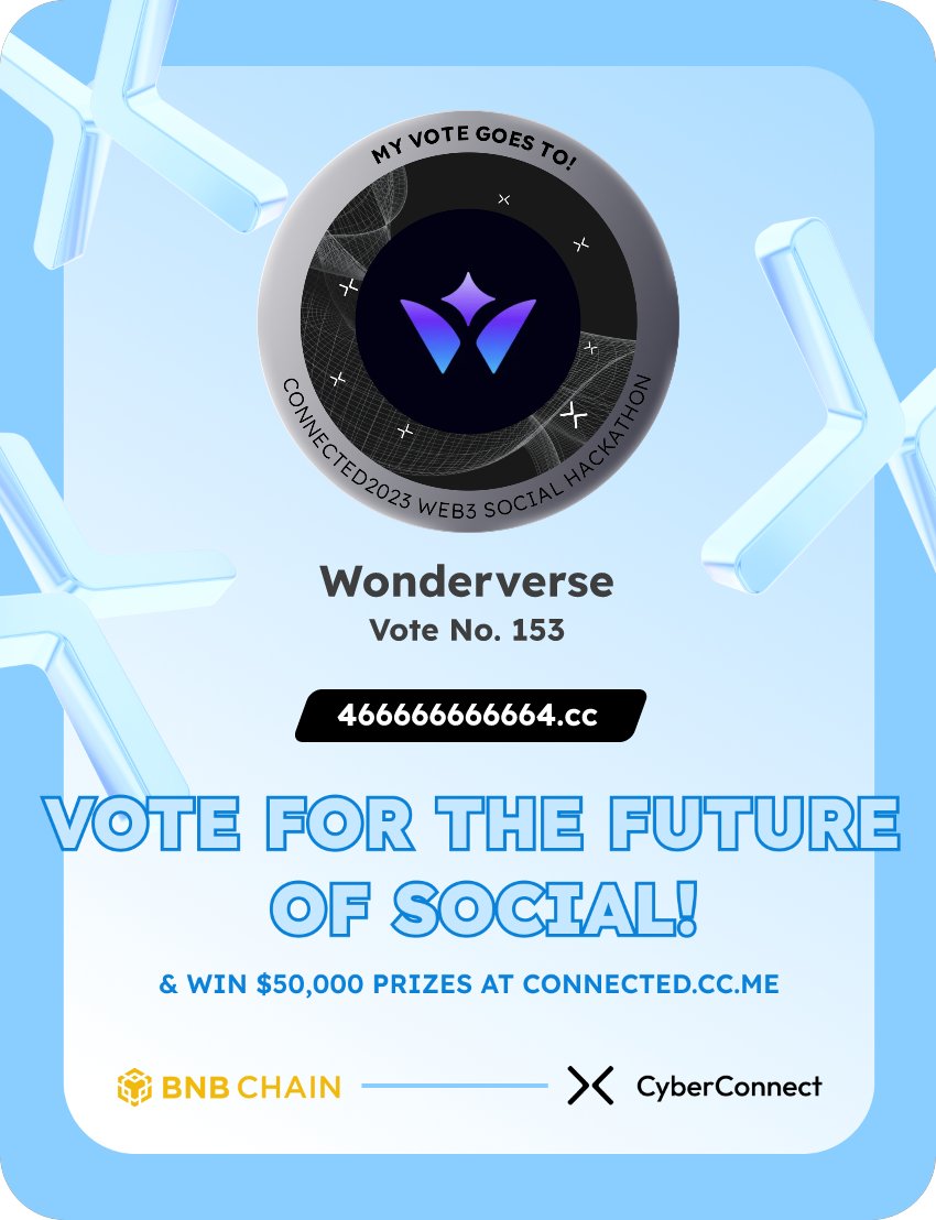 GinaMar423's tweet photo. Just voted for my favorite project Wonderverse in #Connected2023, a Web3 Social hackathon by @CyberConnectHQ the social graph protocol &amp; @BNBCHAIN
Join me to vote for a better social and win $50,000-$100,000 prizes!
https://t.co/NwvWmkJfYu
sig:qZ7tSI 
  https://t.co/jUtFZ1etAH https://t.co/Zzr4MMOZrX