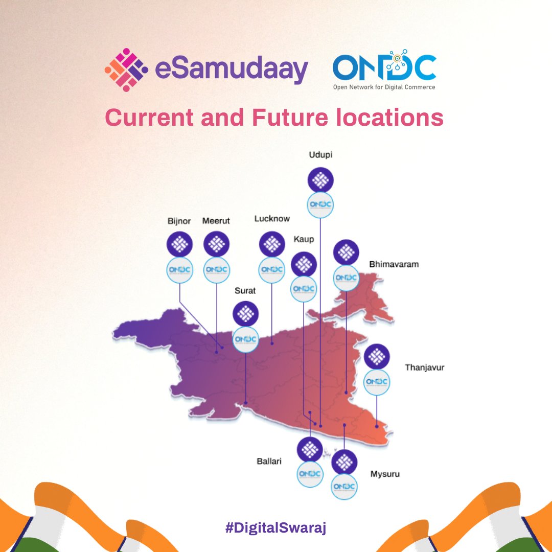 e_samudaay's tweet photo. @e_samudaay is currently live across 85+ districts in India and we’re growing rapidly along with @ONDC_Official to digitize every district, taluk and city across India.

Join us in this mission to #Digitize #Democratize and #Decentralize Bharat!

#eSamudaay #ONDC #DigitalSwaraj https://t.co/12j35yEbdC