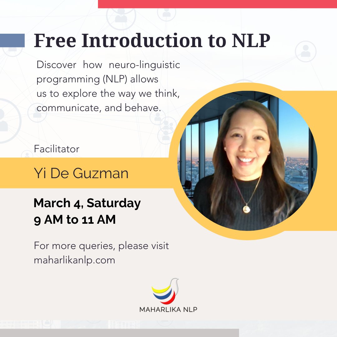MaharlikaNlp's tweet image. We welcome everyone for a free introduction to NLP session on March 4, Saturday at 9:00 AM to 11:00 AM! 

Register at maharlikanlp.com/nlpintro, and we hope to see you there! 

#free #session #IntroToNLP #nlp #NLP #changework #transformation #personalgrowth #experience #life
