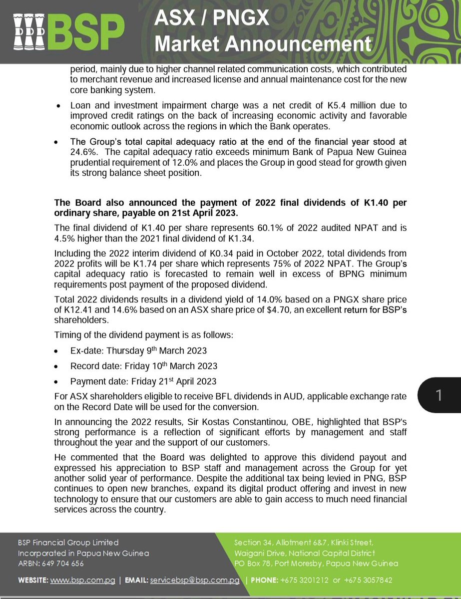 SamoNaro's tweet photo. Dear #PNG

BSP dividend K1.40 per share
final dividend of K1.40 per share
Total 2022 dividend 14%

Ex-date: Thursday 9th March 2023 
Record date: Friday 10th March 2023
Payment date: Friday 21st April 2023 

BUY BSP SHARES BEFORE EXDATE 9/3/23 to receive 11.2% payment on 21/4/23 https://t.co/9A0jl7sxFE