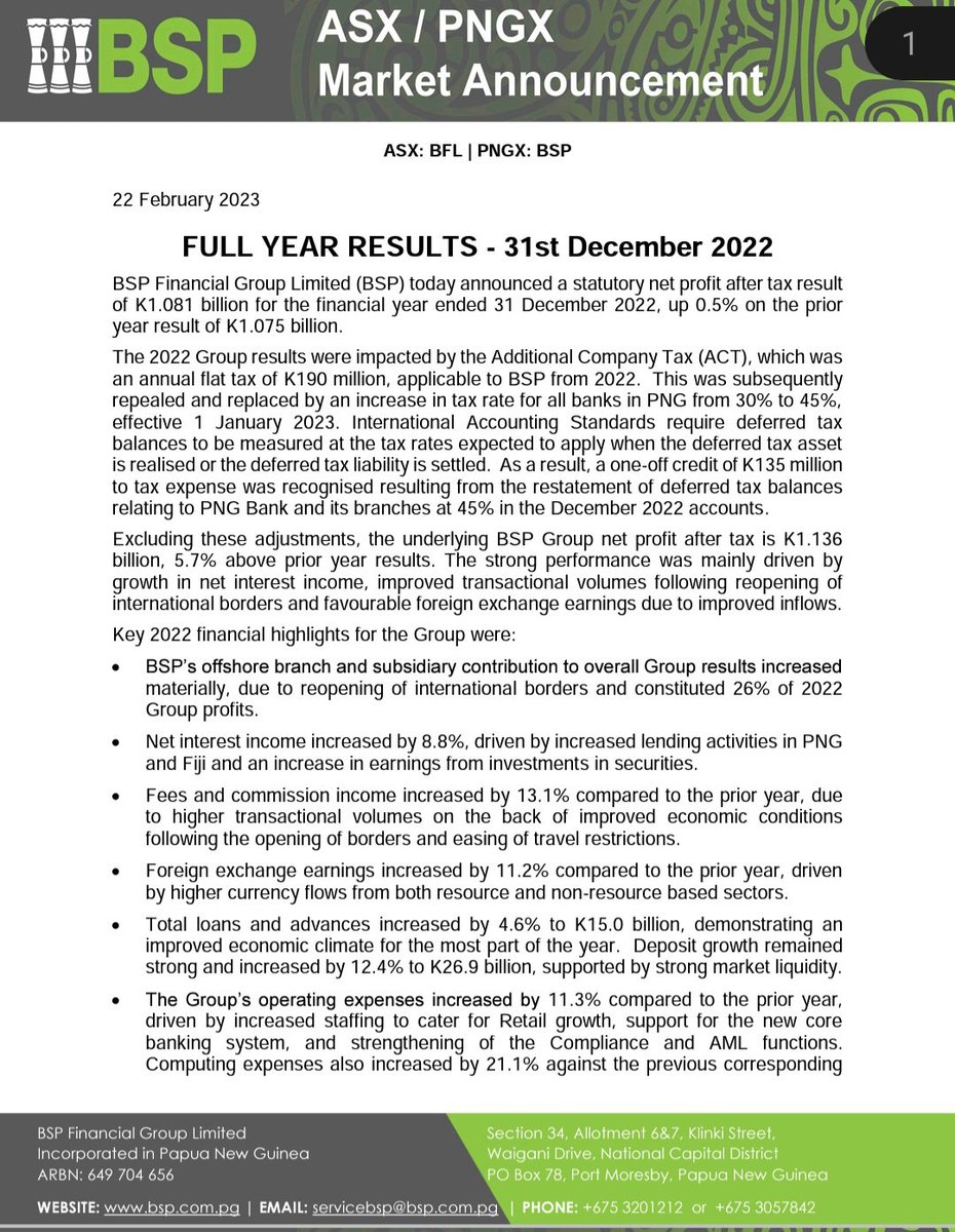 SamoNaro's tweet photo. Dear #PNG

BSP dividend K1.40 per share
final dividend of K1.40 per share
Total 2022 dividend 14%

Ex-date: Thursday 9th March 2023 
Record date: Friday 10th March 2023
Payment date: Friday 21st April 2023 

BUY BSP SHARES BEFORE EXDATE 9/3/23 to receive 11.2% payment on 21/4/23 https://t.co/9A0jl7sxFE