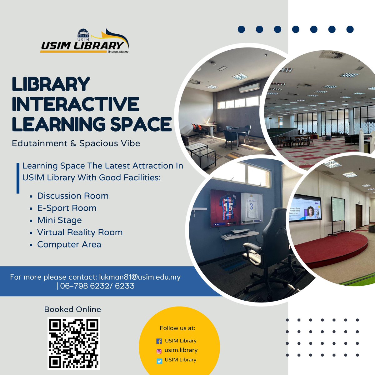 USIMLibrary's tweet photo. What's new in USIM Library?
Currently, USIM library was upgrade our facilities for user comfort. The area was known as Library Interactive Learning Space.
For more info don't hesitate to call us @ 06-798 6232/ 6233
#usimlib
#usimlibnewfacilities
#usimlibnewservices https://t.co/5K9ProXFgq