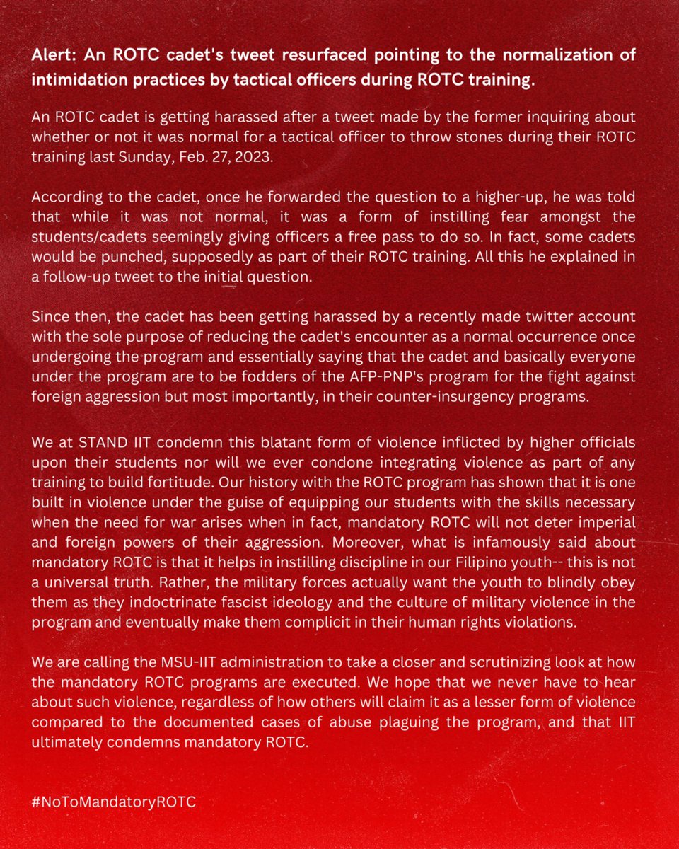 STANDMSUiit's tweet photo. We at STAND-IIT oppose Mandatory ROTC. We believe violence should not be intergrated in trainings claimed to be in pursuit of discipline and love for country. What the program seeks is to make a fodder out of the Filipino youth for the AFP-PNP's 
[1/2]

#NoToMandatoryROTC https://t.co/uM830Z2zNg