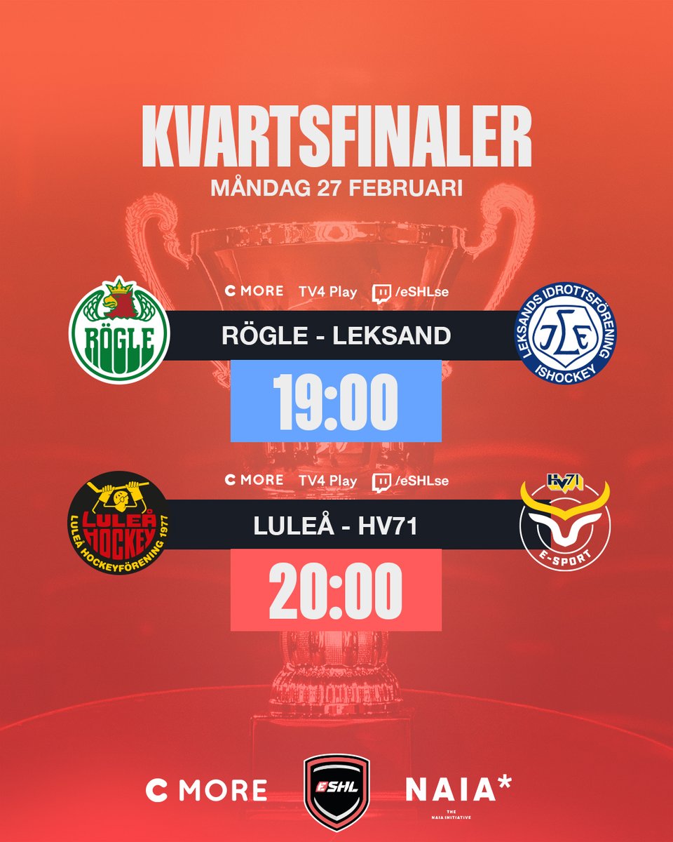 eSHLse (@eshlse) on Twitter photo Ikväll spelas de sista två kvartsfinalerna i eSHL! Vilka lag tror du tar sig vidare? 🤔
- <a href="/esportrbk/">Rögle BK Esport</a> vs @LeksandEsport
- <a href="/LHFeSport/">Luleå Hockey Esport</a> vs <a href="/hv71_eshl/">HV71 Esport</a>
#eSHLse #NHL23 Ikväll spelas de sista två kvartsfinalerna i eSHL! Vilka lag tror du tar sig vidare? 🤔
- <a href="/esportrbk/">Rögle BK Esport</a> vs @LeksandEsport
- <a href="/LHFeSport/">Luleå Hockey Esport</a> vs <a href="/hv71_eshl/">HV71 Esport</a>
#eSHLse #NHL23