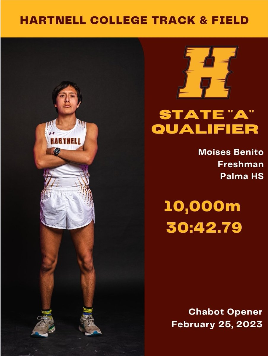 HartnellTF's tweet photo. Hartnell men picked up four State "A" marks in the 10,000m on Saturday, led by Esteban Deniz (King City) and Moises Benito (Palma). Jesse Blanco (Salinas) and Daniel Pantoja (Greenfield) also achieved the mark.
@HartnellAthletc 
@JohnJDevine 
@HartnellCollege 
@CoastConferenc1 https://t.co/7LlXNYQaA4