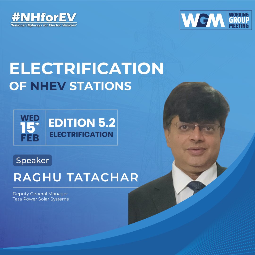NHforEV's tweet photo. Mr Raghu Tatachar, Deputy General Manager- @TATAPOWERSOLAR, gave his valuable inputs on crucial issues related to solar energy and electrification at the virtual #NHEV Working Group Meeting Edition 5.2 on 15th Feb.
#Electrification | #EVChargingStations | #NHForEV | #NHEVWGM https://t.co/xI166XLcKd
