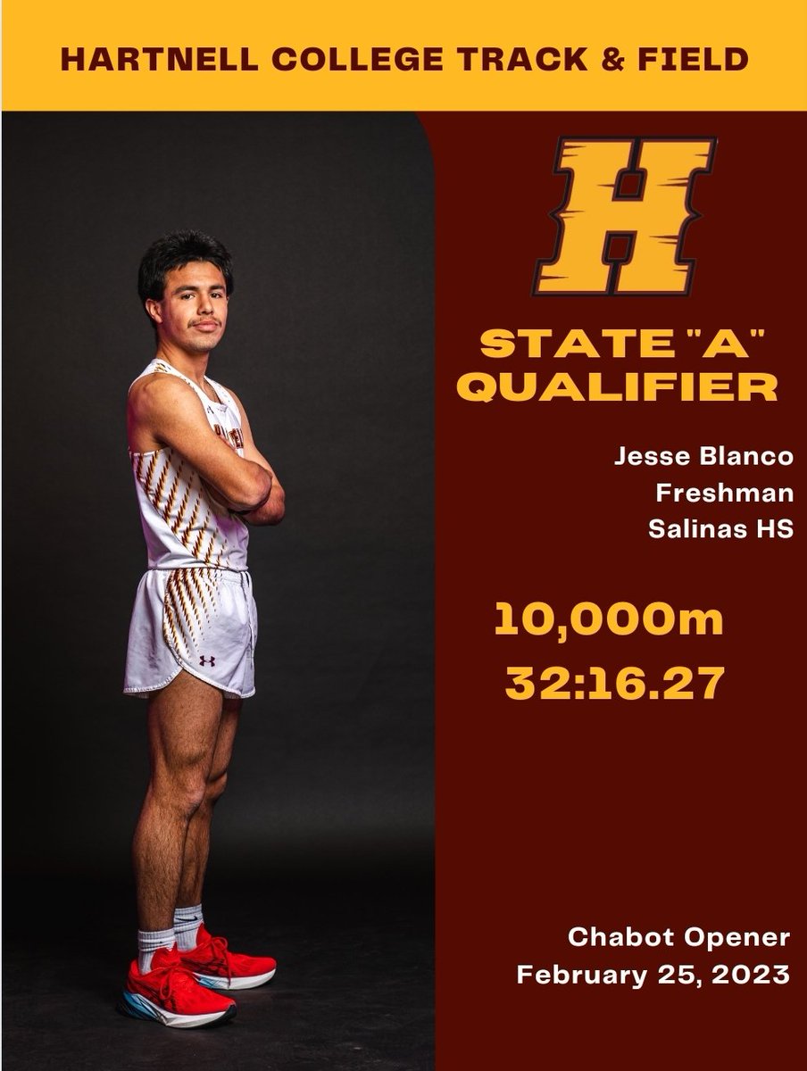 HartnellTF's tweet photo. Hartnell men picked up four State "A" marks in the 10,000m on Saturday, led by Esteban Deniz (King City) and Moises Benito (Palma). Jesse Blanco (Salinas) and Daniel Pantoja (Greenfield) also achieved the mark.
@HartnellAthletc 
@JohnJDevine 
@HartnellCollege 
@CoastConferenc1 https://t.co/7LlXNYQaA4