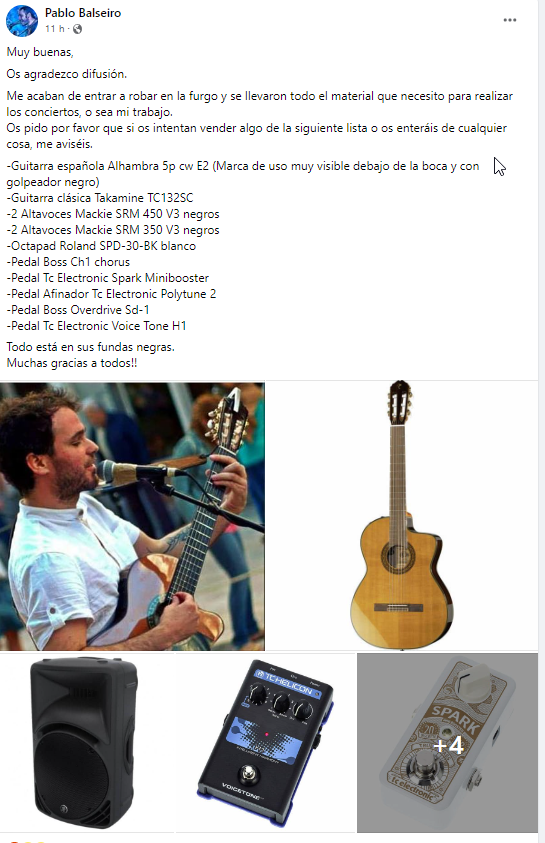 silcerino's tweet photo. #Coruña | Al músico Pablo Balseiro  le han entrado a robar en la furgoneta y se llevaron todo el material que necesita para sus conciertos. Pide ayuda para intentar recuperarlo por si veis algo a la venta.

Está toda la info en su Facebook:
👉  https://t.co/95FO4wpzFO https://t.co/DvXTIvfrlV