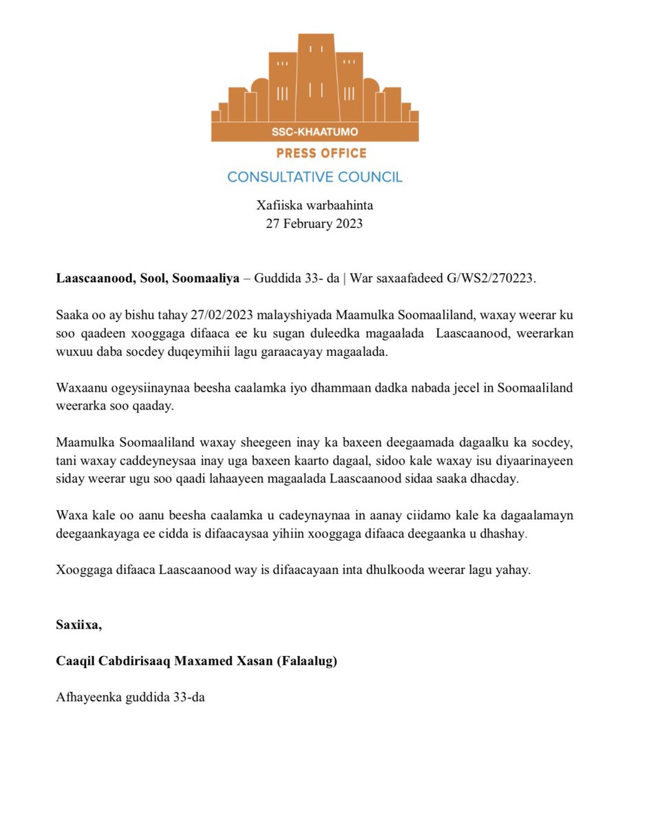 NortheasternWB's tweet photo. Update: The 33 Consultative committee releases a statement regarding today's attack from Somaliland forces, "we will defend ourselves as long as SL forces are attacking us" says the spokesperson. #Somalia

@GaraadMukhtaar @UNSomalia @TheVillaSomalia https://t.co/nWMzufyg1m