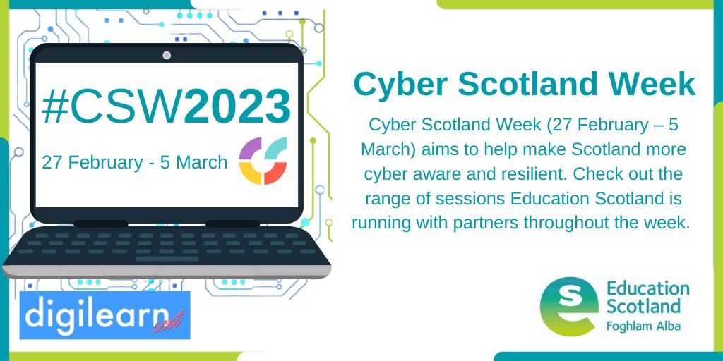 EducationScot's tweet photo. It’s Cyber Scotland Week! Are your learners joining our ‘Be Cyber Smart’ session today with @BarefootComp? We’ve got a range of sessions on offer throughout the week and beyond - https://t.co/fwN0vMjexe Remember to tag us in your posts! #CSW23  @CyberScotlandWk @DigiLearnScot https://t.co/N0h4dkmgcS