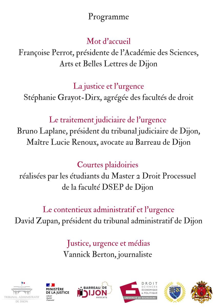 Thème au combien d’actualité : la justice et l’urgence ! Venez débattre le jeudi 2 mars 2023 à 18h00 à Dijon en présence des magistrats, avocats, maîtres de conférence, étudiants et du <a href="/Lebienpublic/">Le Bien Public</a>