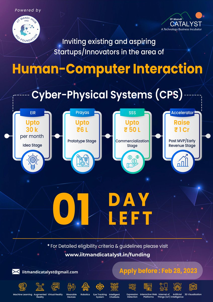 #CallForApplication
Hurry up! Last chance to Apply!

1 day remains to submit the applications for CPS Schemes.

Don't miss the opportunity!
Click here to apply: iitmandicatalyst.typeform.com/to/jvezrRv0
To know more, visit: iitmandicatalyst.in/funding/

#iitmandicatalyst #IITMandi #catalyst