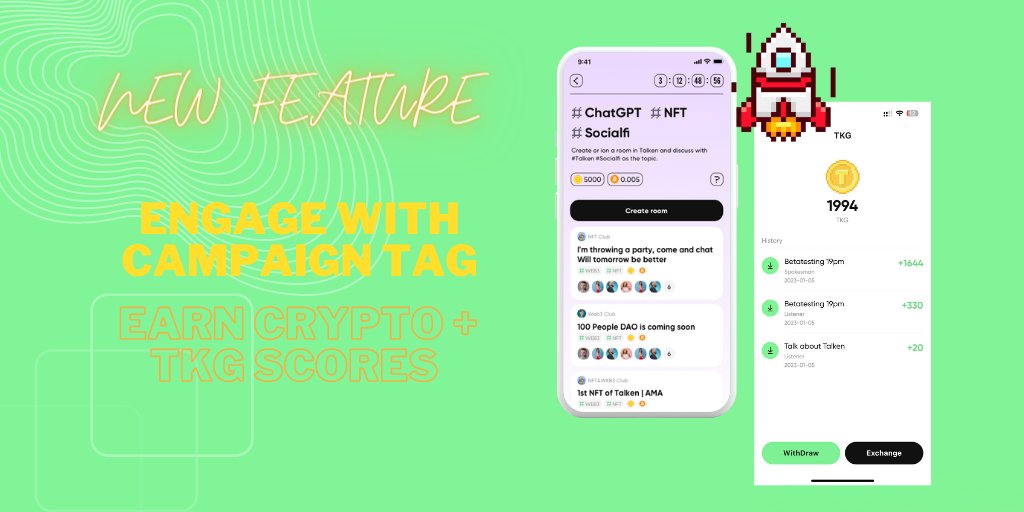 GM! New feature in Talken! Now users can earn crypto and TKG scores by accomplishing projects' marketing campaigns. #tag #web3 #crypto #tkg #nft #chatgpt