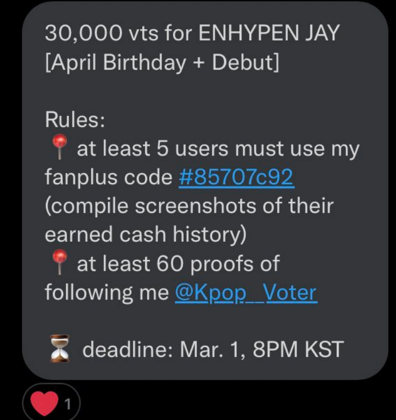 jayseongcorn's tweet photo. 30,000 vts for ENHYPEN JAY
[April Birthday + Debut]

Rules:
📍at least 5 users must use my fanplus code #85707c92 (compile screenshots of their earned cash history)
📍at least 60 proofs of following me 
@Kpop__Voter
 
⏳ deadline: Mar. 1, 8PM KST https://t.co/TAU1rtQmsS