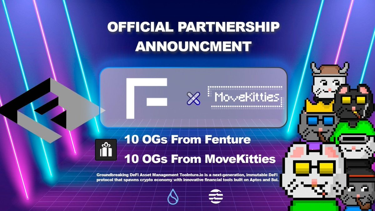 Very honored to partner with @movekitties 😺
 
🚀10 OG from <a href="/FentureFinance/">Fenture AI | 1XP = 1$FFD Solana | Sui | Aptos |</a> &amp; 10 OG from @movekitties
 
1. Follow <a href="/FentureFinance/">Fenture AI | 1XP = 1$FFD Solana | Sui | Aptos |</a> &amp; @movekitties
2. Like &amp; Retweet
3. Tag 3 friends
4. Join Discord: discord.gg/3tftnwBS7u 

#Aptos #Sui #NFT #DeFi #AptosLaunch #suilaunch