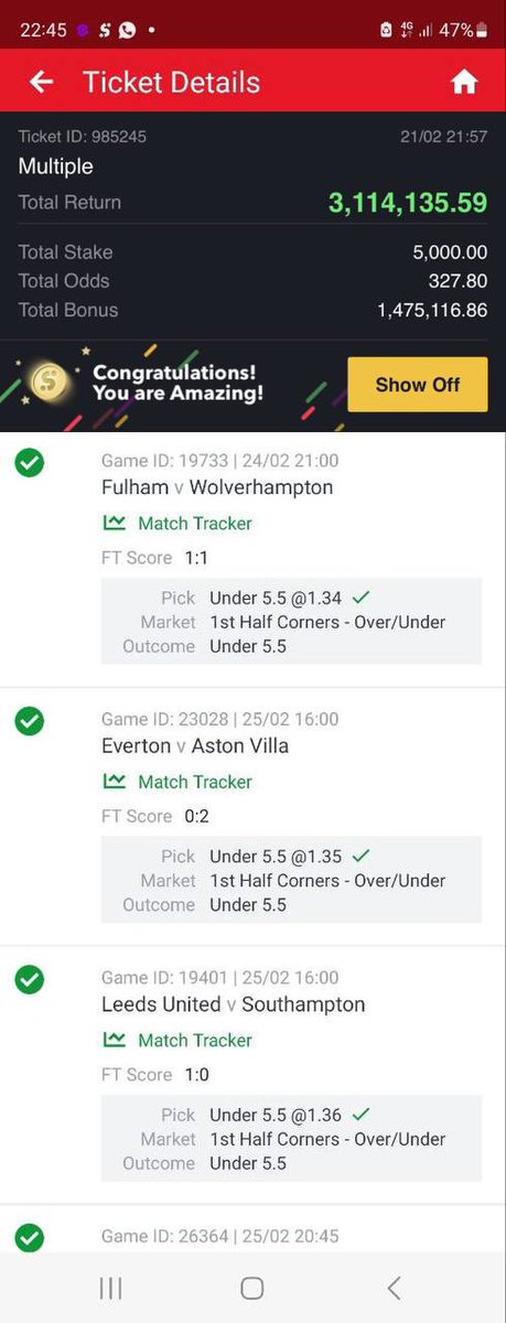 300+odd won✅✅✅
169odd won✅✅✅✅
126odd won ✅✅✅✅
130odd won ✅✅✅✅

This is the winning ticket of those that edited the weekend under corner game and won and not my winning 🙏, I will make sure i do better this week🙏