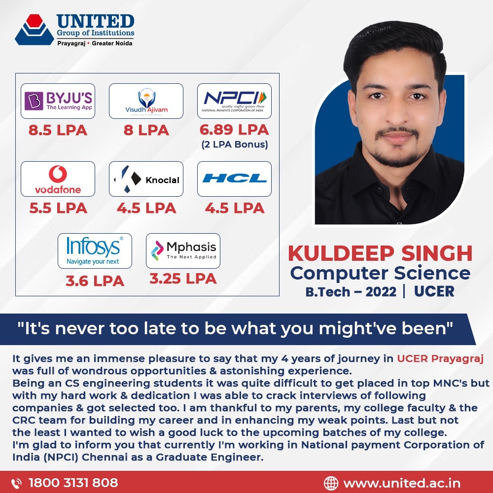 theugiindia's tweet photo. Our #dedication is to deliver the quality #education to create smart & talented minds. Our dedicated & hardworking #student of #BTech from the #UCER campus, Kuldeep Singh is one such name in the list. He got many job #opportunities namely #Byjus, #Vodafone, #Infosys, #HCL, #NPCI. https://t.co/vM00rRT1Fv
