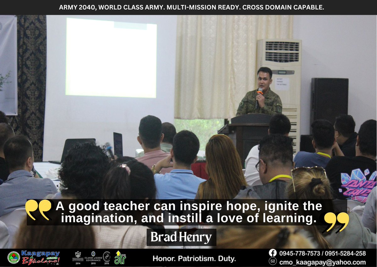 9CMOBattalion's tweet photo. QUOTE OF THE DAY ll 

"A good teacher can inspire hope, ignite the imagination, and instill a love of learning ." - Brad Henry

#KaagapayNgMgaBikolano
#StrongArmyStrongNation
#AFPyoucanTRUST https://t.co/eiLJMPuBGa