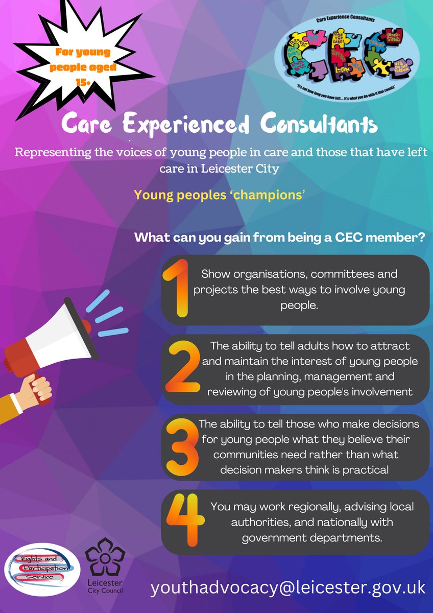Todays the day! The relaunch of our Children in Care Council (CIC) & our Care Experienced Consultants (CEC - for care leavers). We welcome any Leicester children who are looked after aged 9+, and any care leavers up to the age of 25 (the space will be split)! #LAC #careleavers
