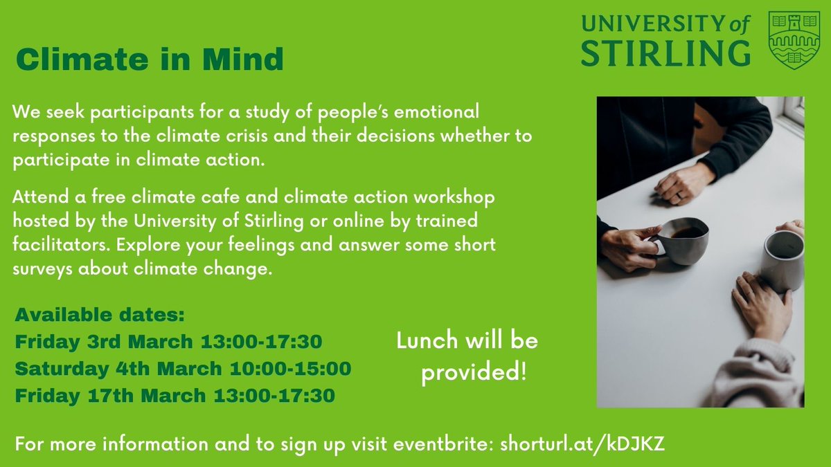 More '#Climate in Mind' events @StirUni_Psych this week & later in March (both in-person in #Stirling #BridgeofAllan & online). All welcome! 
Info 👉 shorturl.at/kDJKZ
#ClimateChange #ClimateEmergency #ClimateCrisis #ClimateAction #ClimatePsychology #EcoAnxiety