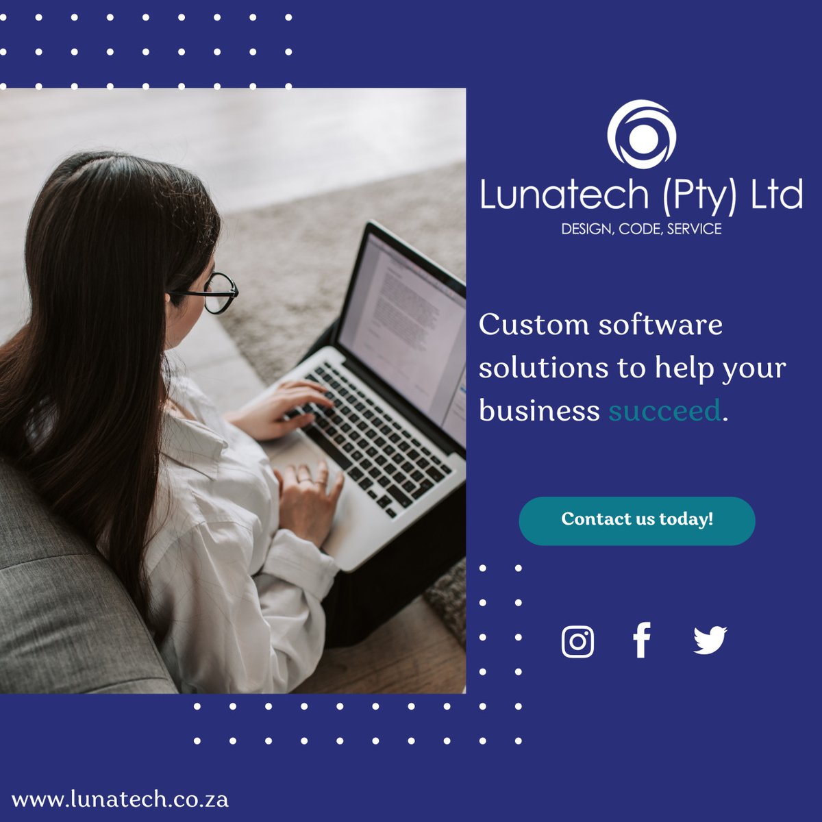 We offer custom software solutions to help your business succeed. Contact us TODAY! lunatech.co.za
#Software #Company #Service #Design #Code #Digital #Technology #Lunatech #JBay #Local #Powerhouse #Quality #Professional #Innovation