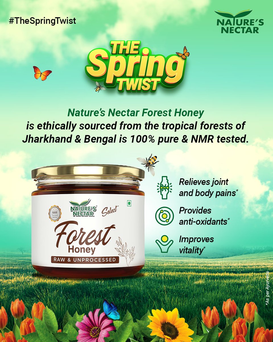 NaturesNectarIN's tweet photo. Don’t let #theSpringTwist bring you #bodyache, #jointpain, and #arthritis problems. Switch to #naturesnectar #ForestHoney that specializes in healing joint and #bodypains beside boosting your #vitality with #antioxidants. Our #NMRtested, 100% #purehoney is clear from antibiotics. https://t.co/CxR2GcbDji