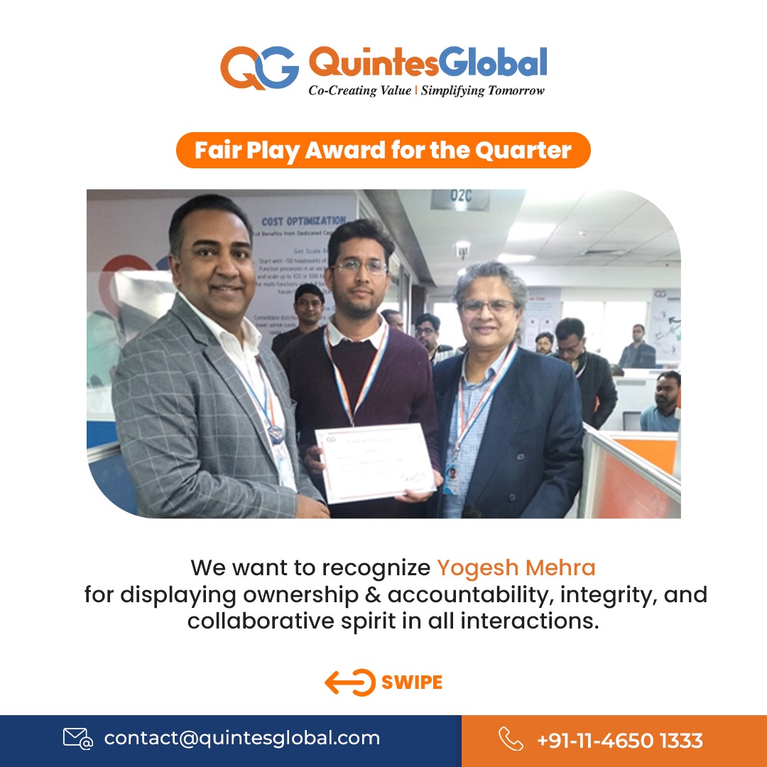 quintesglobal's tweet photo. Congratulations to our team members who recently earned their award for Start Performer of the Quarter, Fair Play Award of the Quarter, Best Team of the Quarter, and Six Sigma Green Belt Certificates!

#BusinessImpact #ValueDelivery #CostSave #BestInContext #ProcessOptimization https://t.co/lAv1FzKZGY