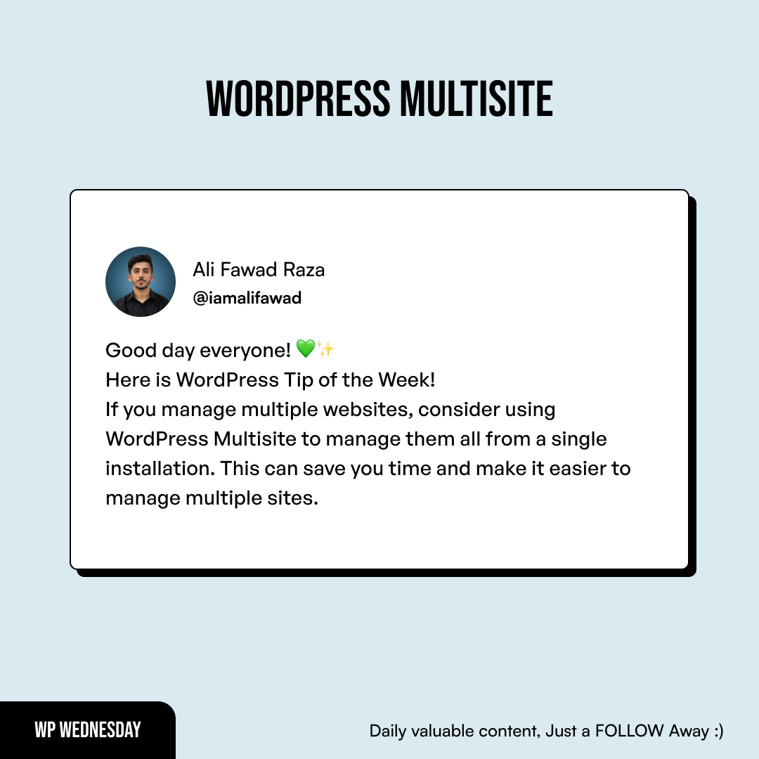 iamalifawad's tweet image. Good Day Everyone 💚✨
Here is WordPress Tip of the Week!

#wordpressmultisite #websitemanagement #webdevelopment #digitalmarketing #iamalifawad #letsconnect #webdesign #websitemaintenance