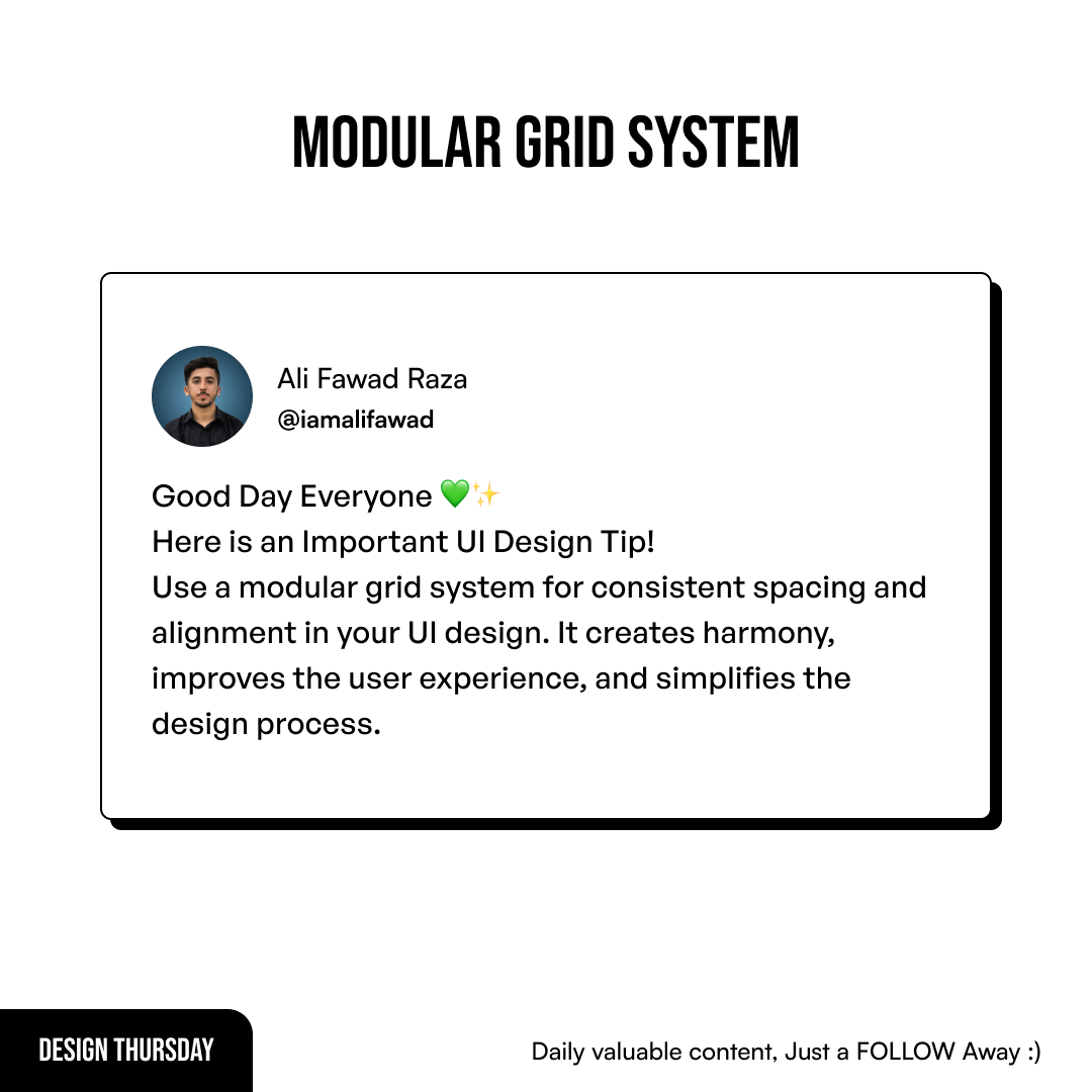 iamalifawad's tweet image. Good Day Everyone 💚✨
Here is an Important UI Design Tip!
#modulargridsystem #UIDesignTips #UIUXDesign #webdesign #designinspiration #userexperiencedesign #iamalifawad #letsconnect #graphicdesign #designthinking