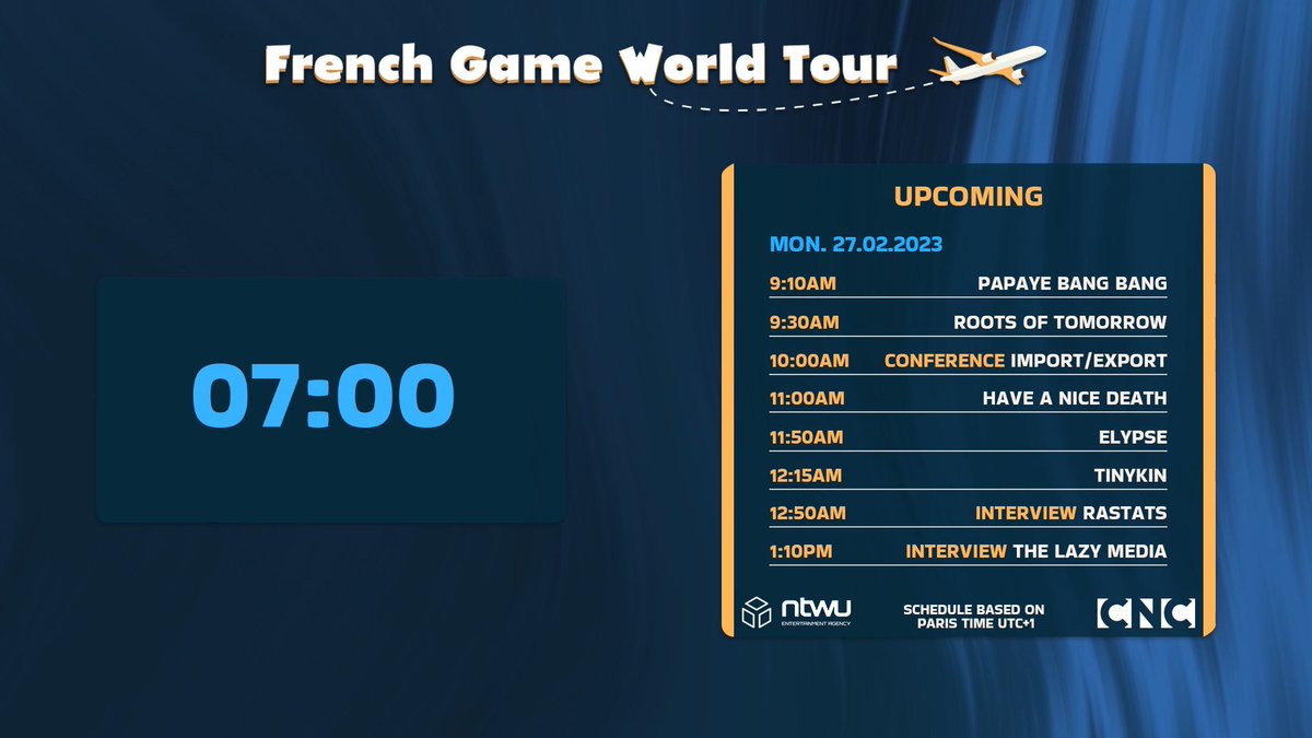 French Game World Tour #FGWT23 (@fgwt_) on Twitter photo What a great program for Day 3, many things we can't wait to see!
Conferences, some #IndieGameDev, maybe giveaways 🤩
And a 3rd host today, from <a href="/TheLazyMonday/">Lazy Monday</a> joining the #FGWT at 11:00am !
👉 Now on : twitch.tv/billiechou What a great program for Day 3, many things we can't wait to see!
Conferences, some #IndieGameDev, maybe giveaways 🤩
And a 3rd host today, from <a href="/TheLazyMonday/">Lazy Monday</a> joining the #FGWT at 11:00am !
👉 Now on : twitch.tv/billiechou