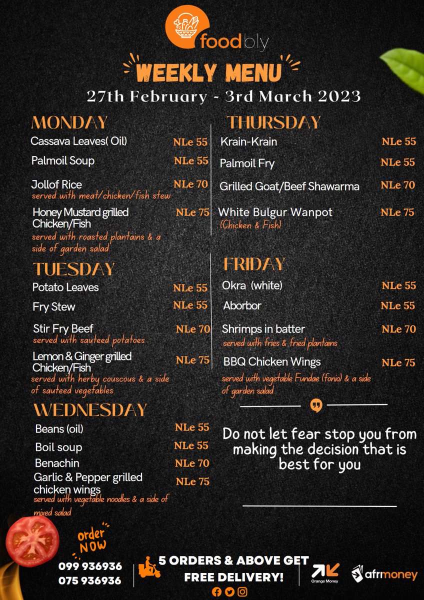 foodbly's tweet photo. Wishing everyone a fabulous new week π₯°
This week, be the very best version of yourself and remember to be kind π.
We're open, ready & excited to serve you.
All your favourite meals in one place ππ
#Foodbly #NewWeek #FreetownLunches #SaloneTwitter https://t.co/K7tIVt7x88