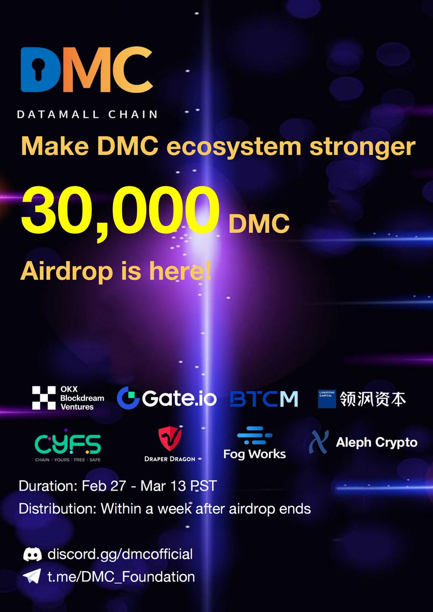 Make #DMC ecosystem stronger!
#Airdrop is here!🥳

🎁All participants share 30000 $DMC

✅Follow us, retweet &amp;❤️
✅Comment &amp; tag 3 frds below
✅Join discord.gg/dmcofficial or t.me/DMC_Foundation
✅Fill the form: forms.gle/bpWeGaMN25w1t3…

Details👇
medium.com/@dmcfoundation…