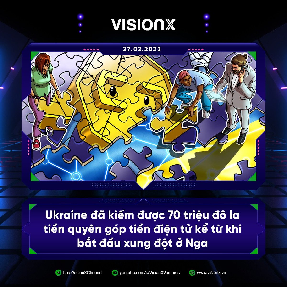 VisionX_VN's tweet photo. 🔥 #Ukraine đã kiếm được 70 triệu đô la tiền quyên góp tiền điện tử kể từ khi bắt đầu xung đột ở Nga
-------------------
Để cập nhật những thông tin mới nhất từ thị trường #crypto, theo dõi ngay:
📝Twitter:  @VisionX_Eng
#visionx #news https://t.co/8NUnlHHxAN