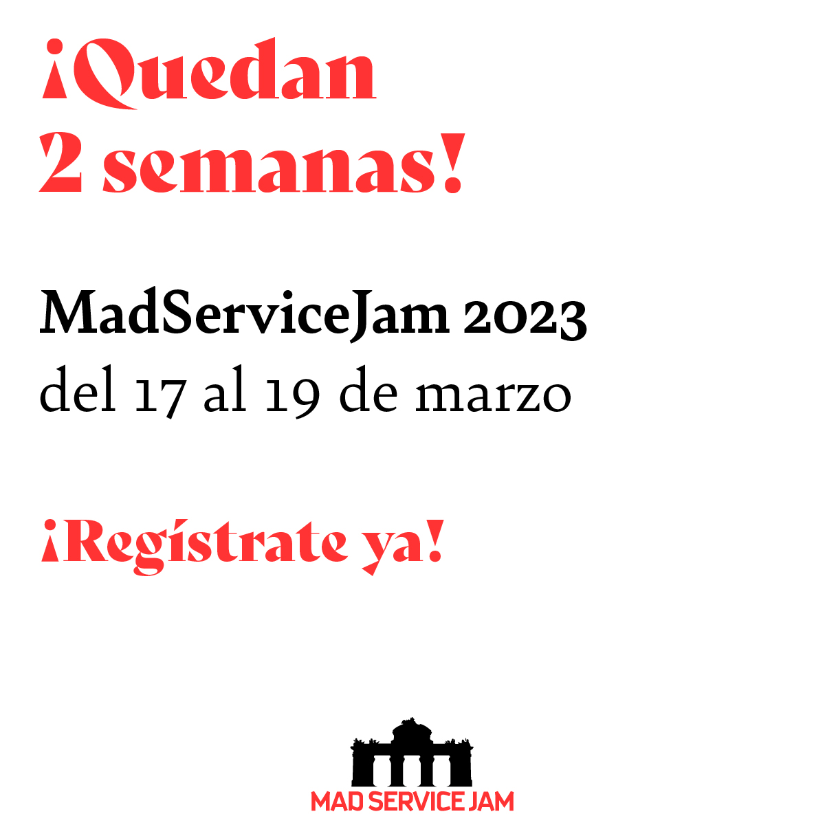 A poco más de 2 semanas y aún no te has apuntado… lo vas dejando y luego vienen las prisas. Consigue ya una de las últimas entradas, la tuya, para disfrutar del evento-taller global de service design del año…

i.mtr.cool/hrmwgqprwa

#gsjam #thisiswhywejam #madservicejam