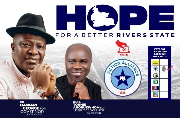 DawariGeorge's tweet photo. As we march confidently, anticipating the #March11, 2023 #gubernatorial #elections in #riversstate the candidate of choice is @DawariGeorge the party to ✅ote is #ActionAlliance AA. Spread the word. 
We can't miss it this time around.
#dig2023
#Dawari4Governor 
#ConnectingRivers https://t.co/EzEqUmbxUG