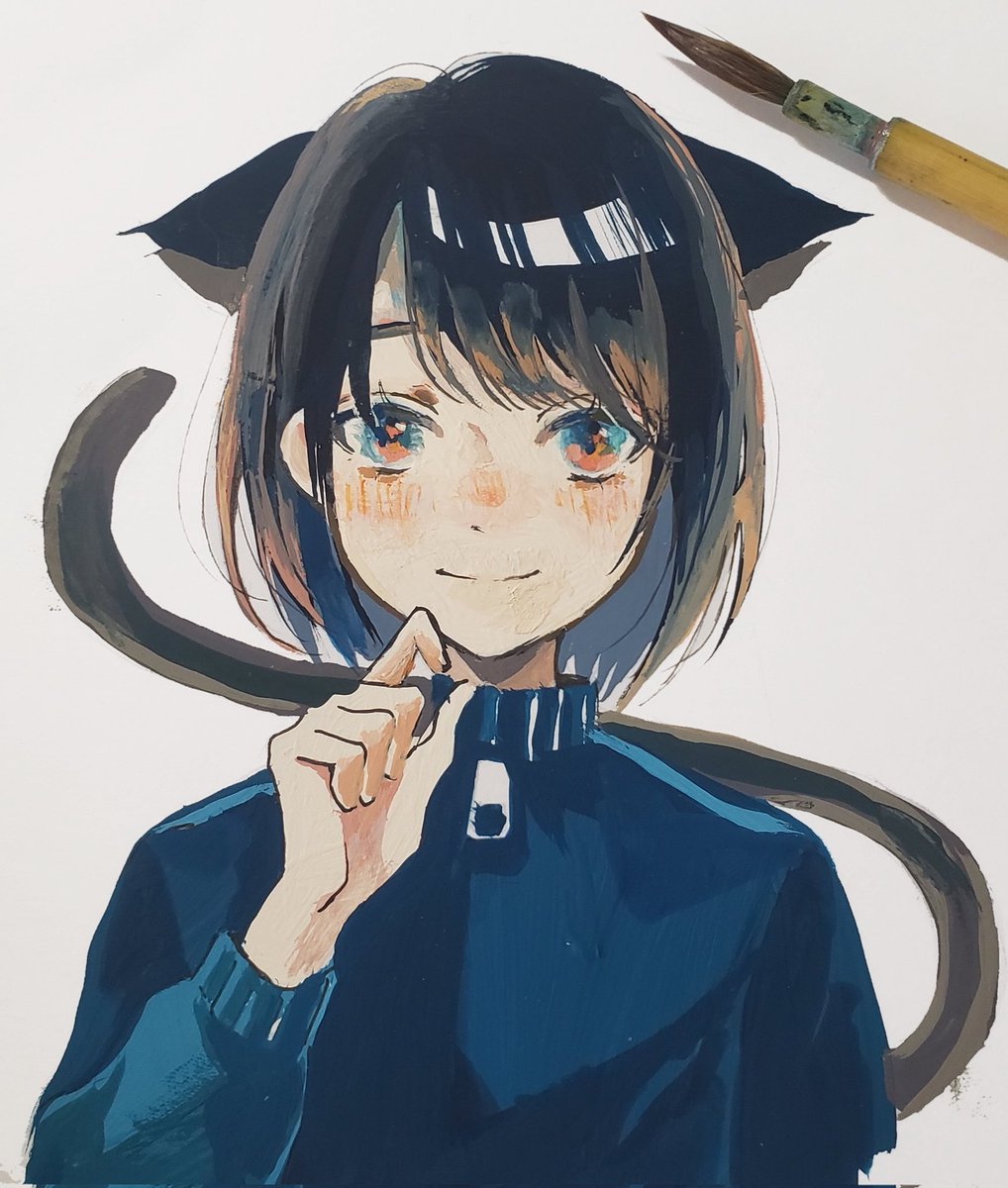 1girl solo animal ears cat ears black hair tail cat tail  illustration images